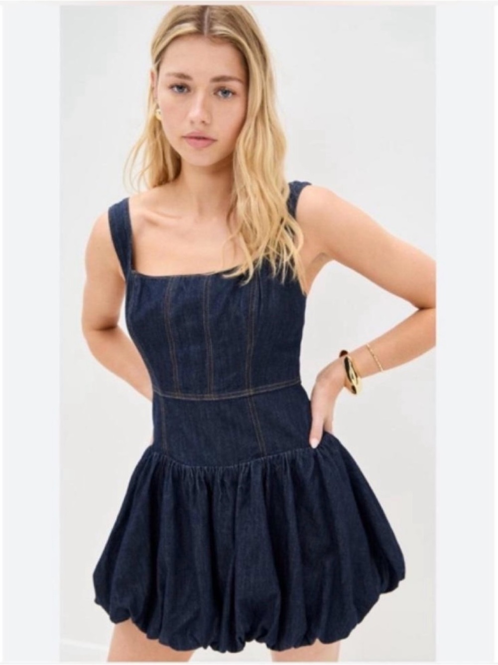 Reformation Blue Denim Bubble-Hem Mini Dress